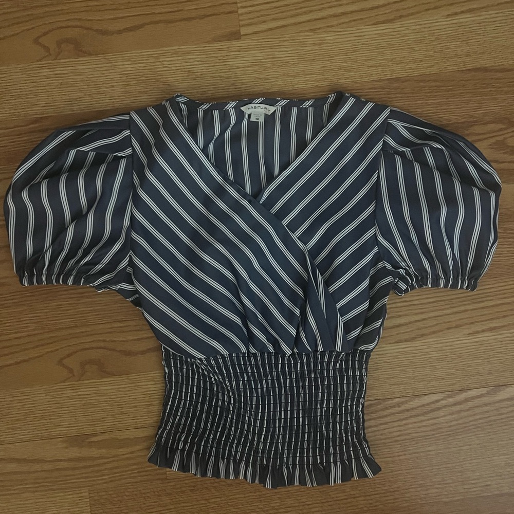 Habitual Navy and White Striped Puff-Sleeve Wrap Top